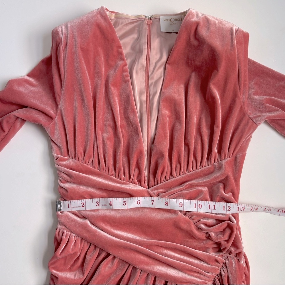 Miss Circle Velvet Velour Ruched Overlap Longsleeeve Mini Dress Salmon Pink - Picture 13 of 17